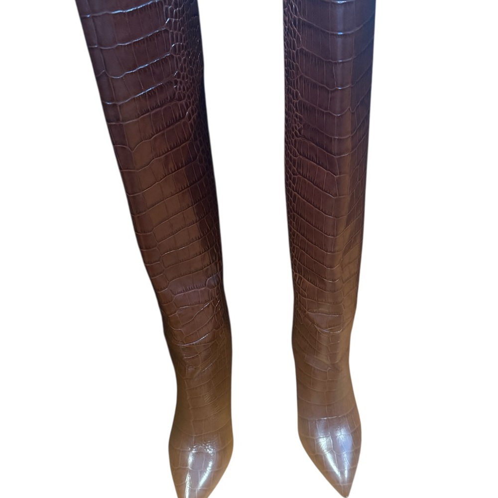 Paris Texas Brown Croc-Embossed Over the Knee Boots - Picture 2 of 4